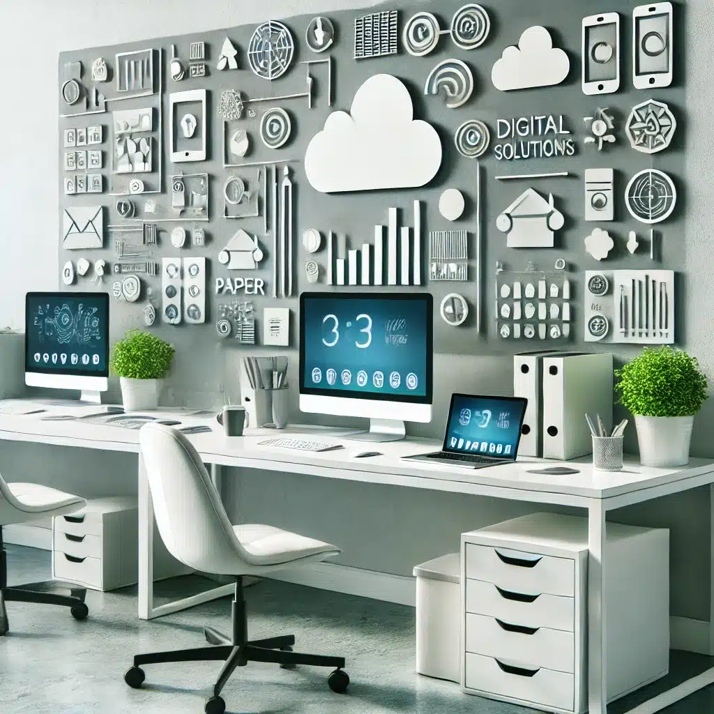 DALL·E 2024 11 14 12.40.37 A modern office workspace showcasing a digital workflow with computers tablets and minimal paperwork. Clean organized desk setup with digital tool
