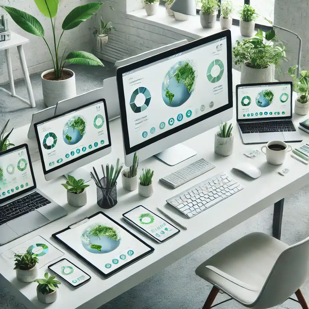 DALL·E 2024 11 14 12.40.40 A workspace showing eco friendly practices with minimal paper and digital devices in use. The setup includes computers tablets and smartphones with
