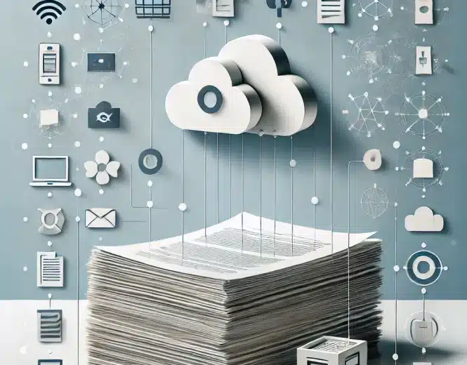 DALL·E 2024 11 14 13.46.36   A clean, professional blog feature image depicting digital transformation in business, with icons of digital tools like cloud storage, mobile apps, an