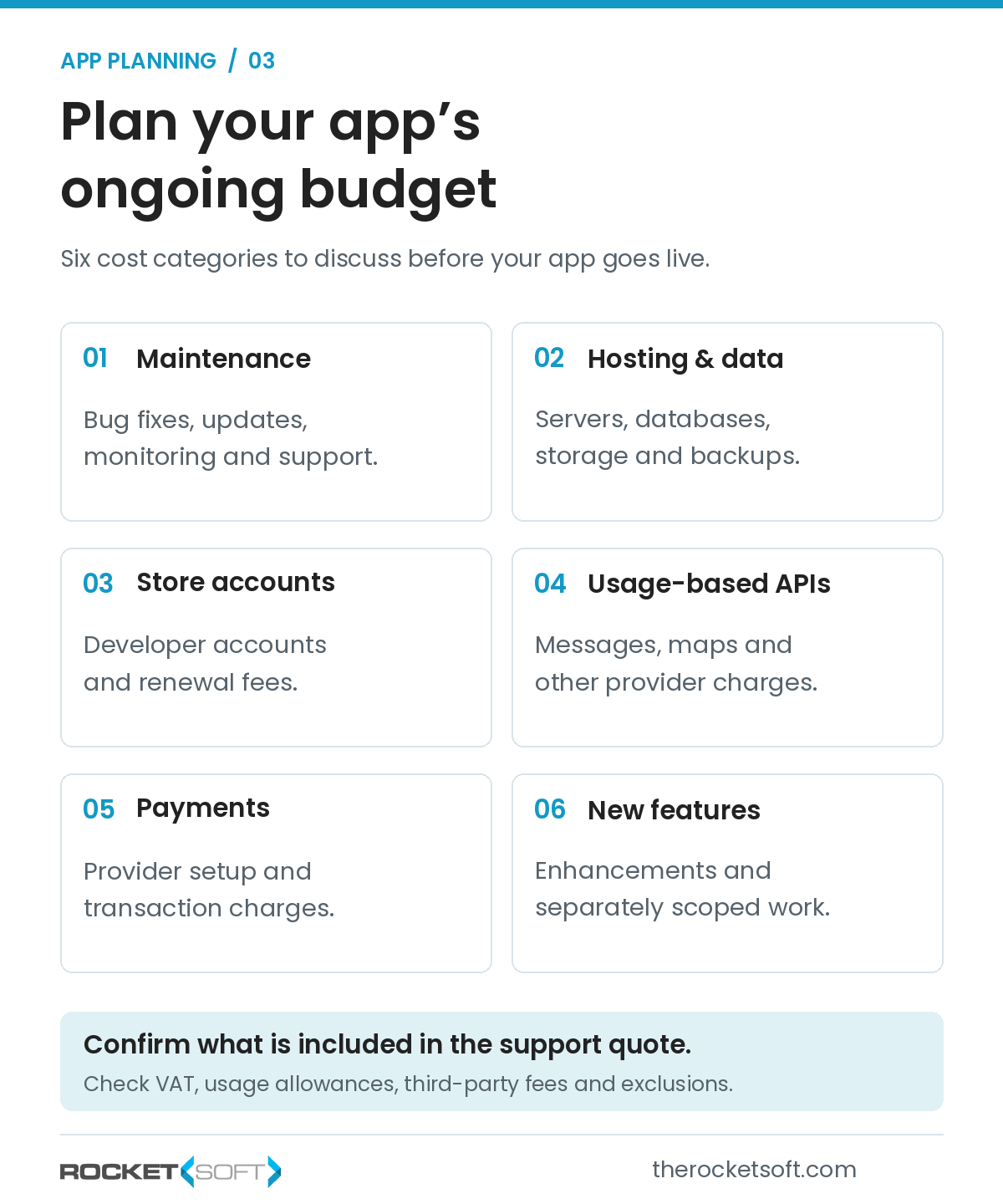 App operating budget categories: maintenance, hosting, store accounts, usage-based APIs, payments and new features.