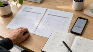 App development proposals beside a phone wireframe and planning notebook.