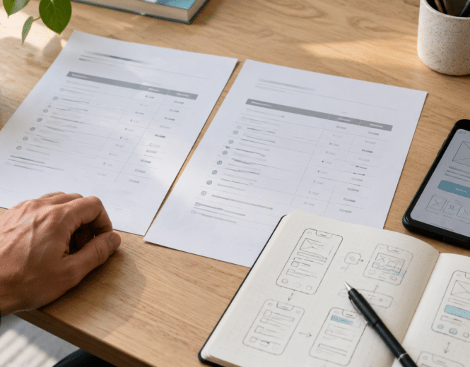 App development proposals beside a phone wireframe and planning notebook.
