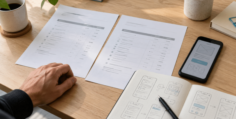 App development proposals beside a phone wireframe and planning notebook.