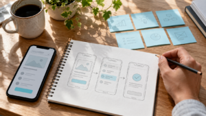 A notebook showing a three-screen app journey, with a phone and planning notes.