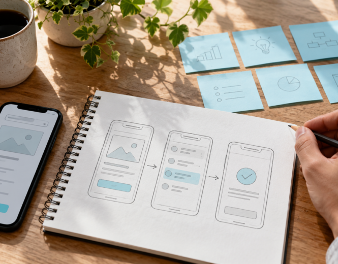 A notebook showing a three-screen app journey, with a phone and planning notes.