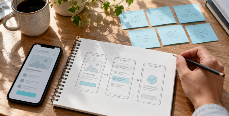 A notebook showing a three-screen app journey, with a phone and planning notes.
