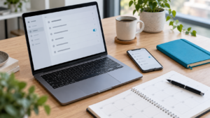 Laptop and smartphone with simple settings screens beside a planner and blue notebook.