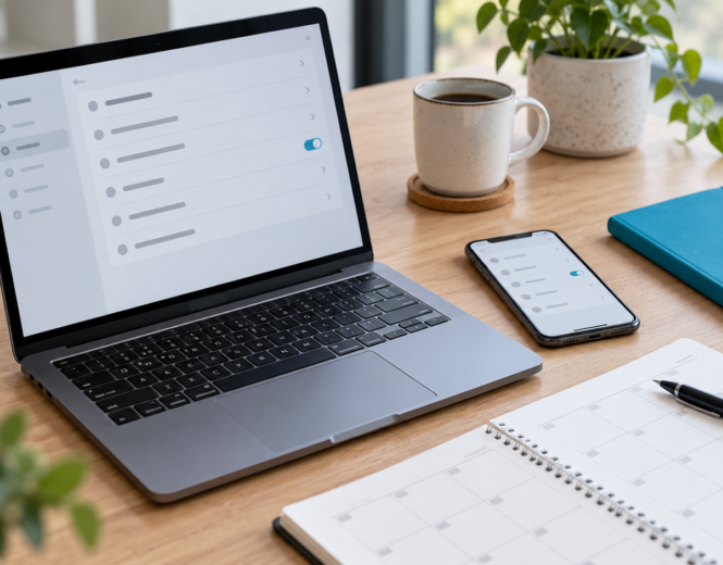 Laptop and smartphone with simple settings screens beside a planner and blue notebook.