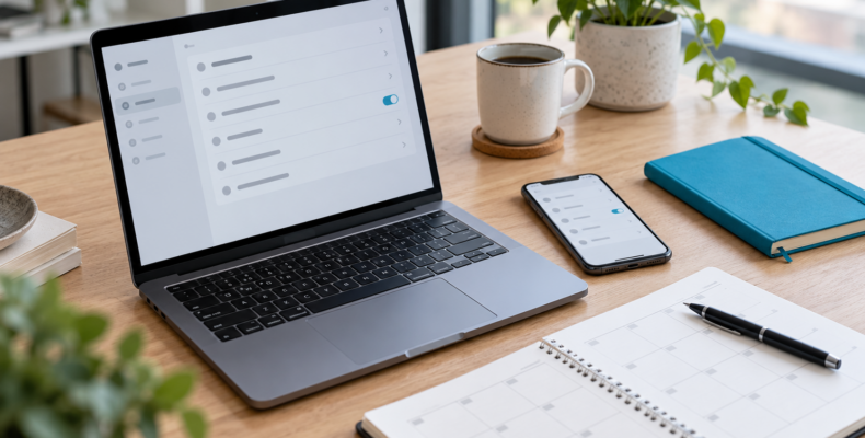 Laptop and smartphone with simple settings screens beside a planner and blue notebook.